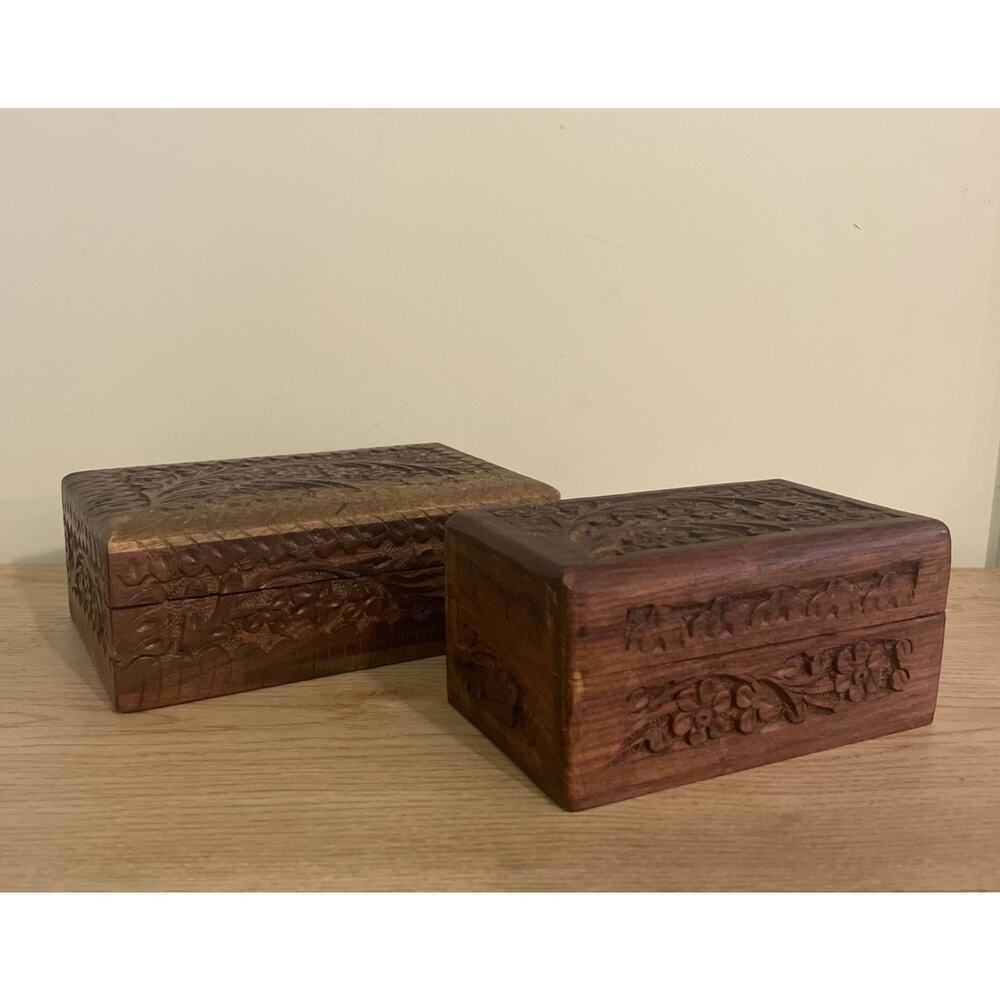 (QTY 2) VTG Wooden Floral Design Trinket Box Made In India 5” & 6” READ